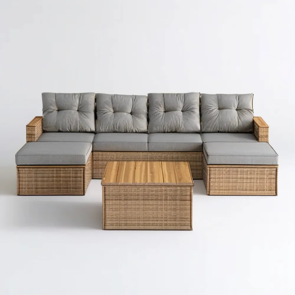 Modułowy zestaw wypoczynkowy z technorattanu w kształcie U ze stolikiem, szary i naturalny brąz, 380 x 140 x 65 cm