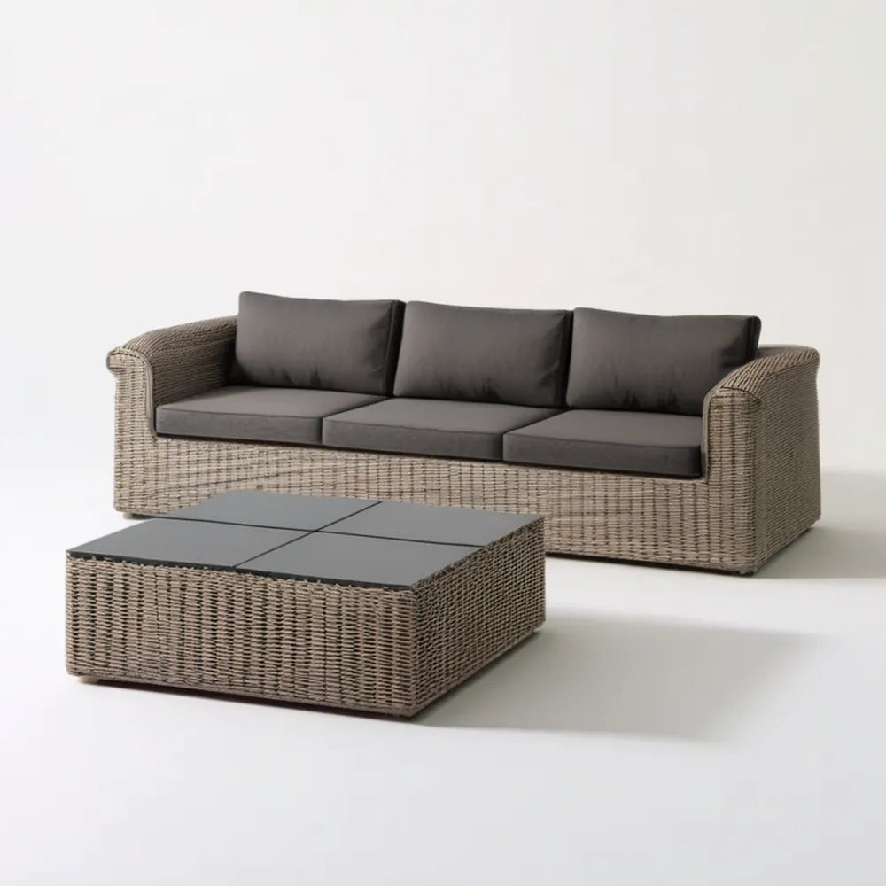 Ogrodowy zestaw z technorattanu szarobrązowy z ciemnoszarymi poduszkami, sofa 220 × 85 × 75 cm i stolik 120 × 70 × 40 cm