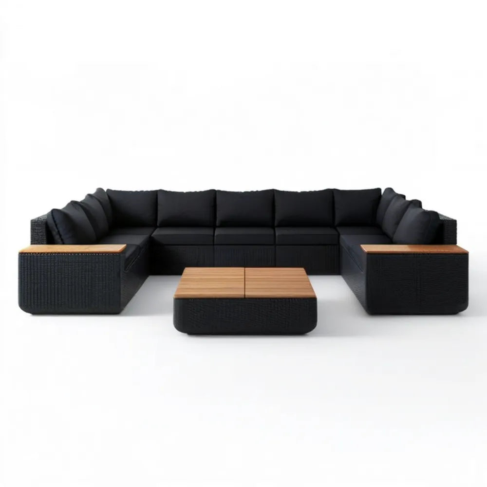 Modułowa sofa ogrodowa w kształcie U z technorattanu, czarna/brązowa, 320 x 220 x 70 cm