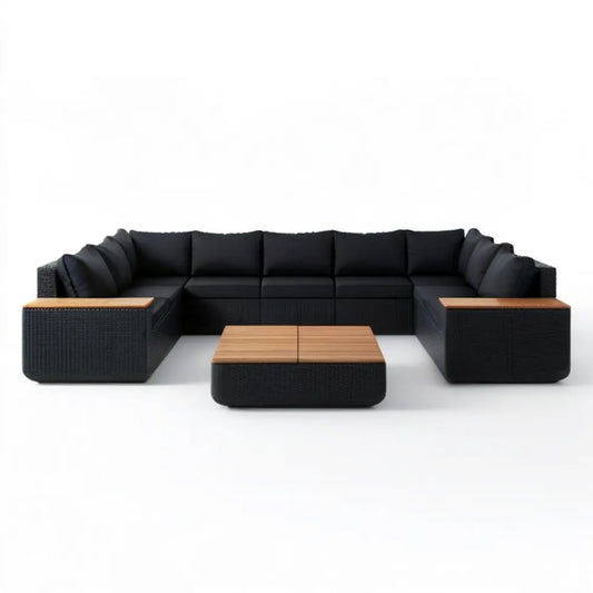 Modułowa sofa ogrodowa w kształcie U z technorattanu, czarna/brązowa, 320 x 220 x 70 cm