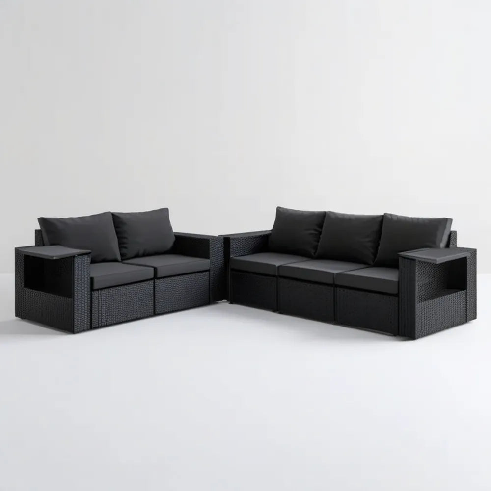 Czarny zestaw sof ogrodowych z technorattanu PE, 2- i 3-osobowa, 124 × 65 × 63 cm oraz 176 × 65 × 63 cm