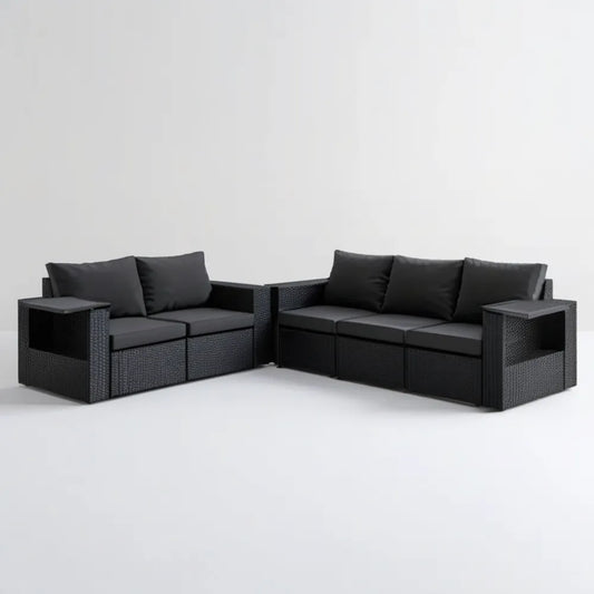 Czarny zestaw sof ogrodowych z technorattanu PE, 2- i 3-osobowa, 124 × 65 × 63 cm oraz 176 × 65 × 63 cm