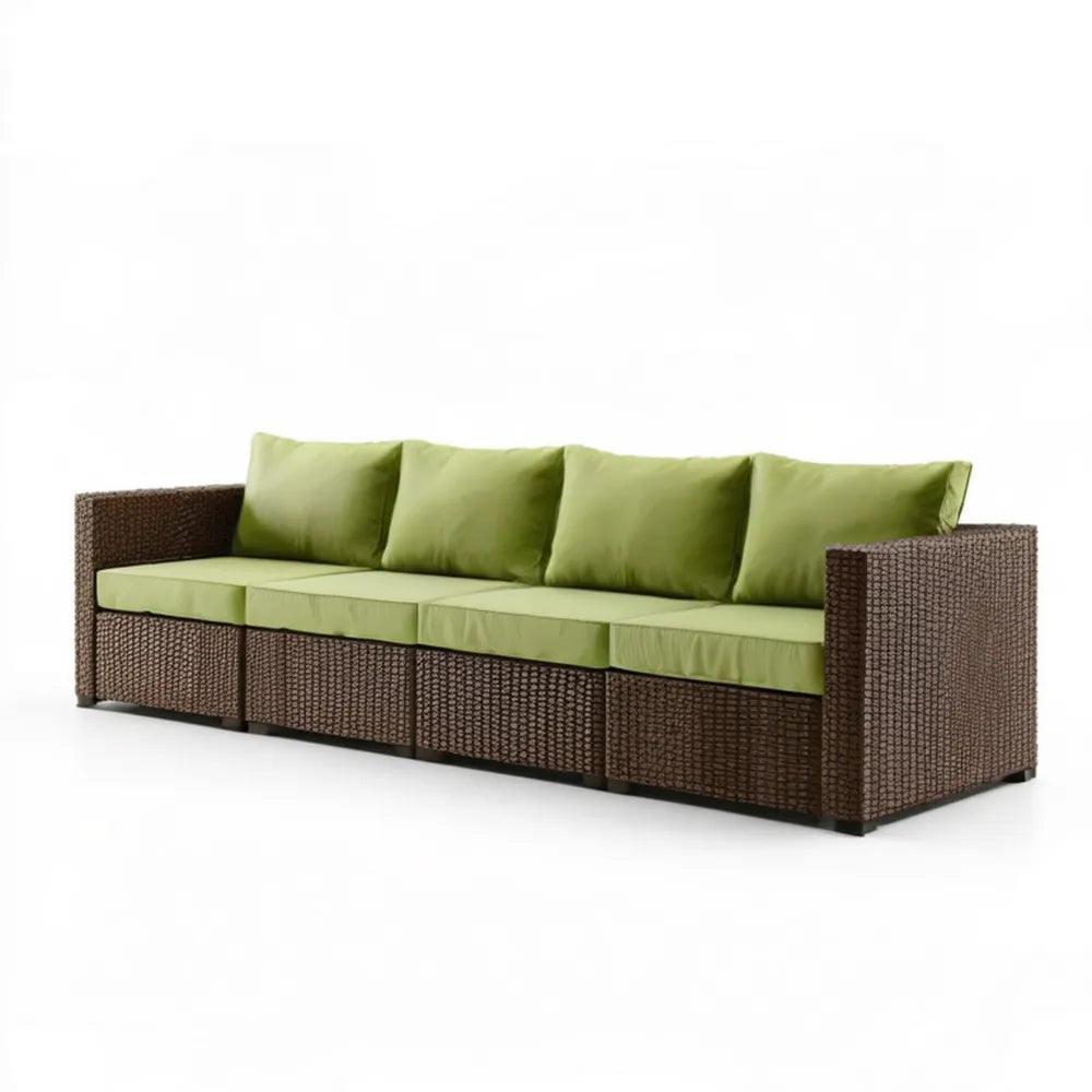 4-osobowa sofa ogrodowa z technorattanu, brązowa z zielonymi poduszkami, 280 × 70 × 63 cm