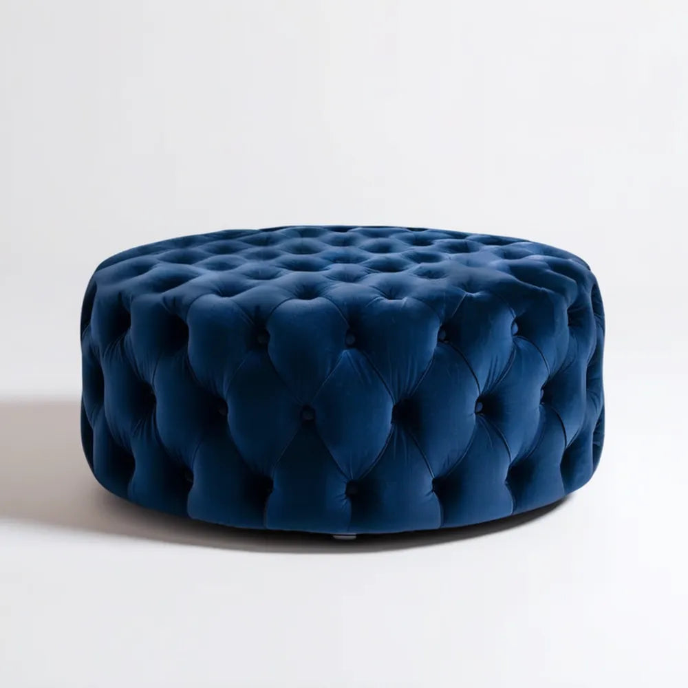 Okrągły pikowany puf Chesterfield granatowy, Ø 80 × 40 cm