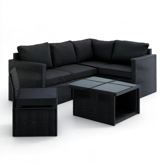 Czarny narożny zestaw z technorattanu 220 x 220 cm ze stolikiem i 2 pufami