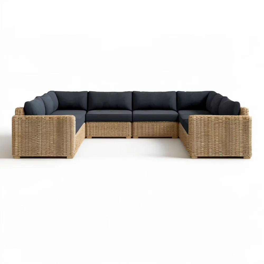Modułowy zestaw wypoczynkowy z plecionki PE w kształcie U, Naturalny beż/Antracyt/Czarny, 300 × 220 × 70 cm