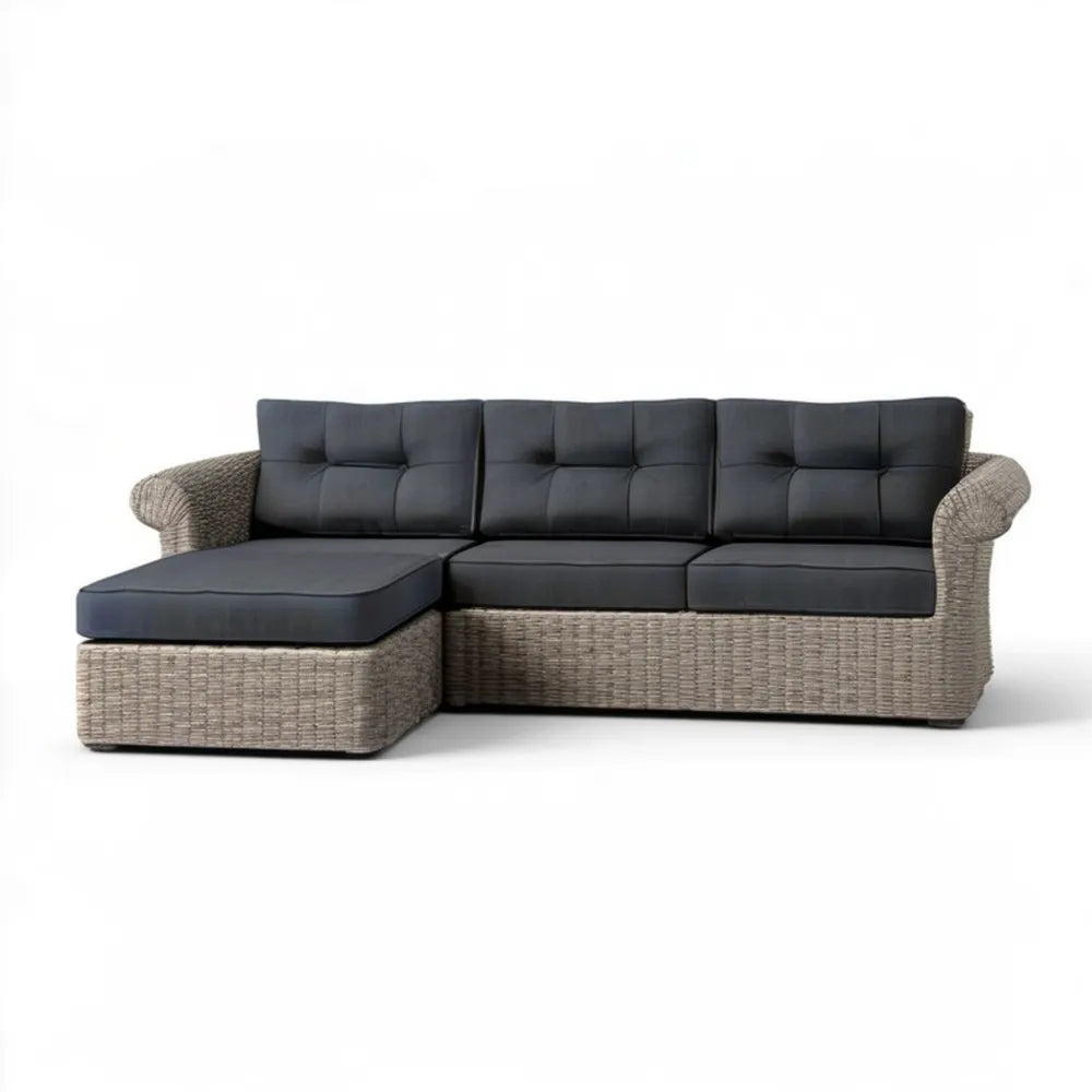 Ogrodowa sofa narożna 3-osobowa z lewostronną leżanką, technorattan PE, Szara/Czarna, 220 x 145 x 85 cm