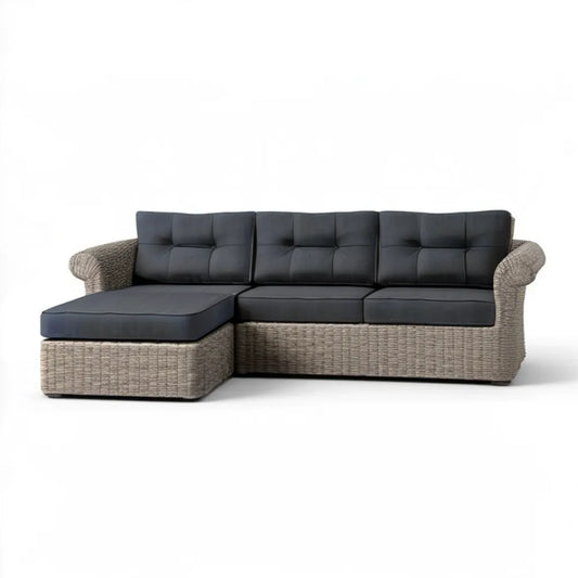 Ogrodowa sofa narożna 3-osobowa z lewostronną leżanką, technorattan PE, Szara/Czarna, 220 x 145 x 85 cm