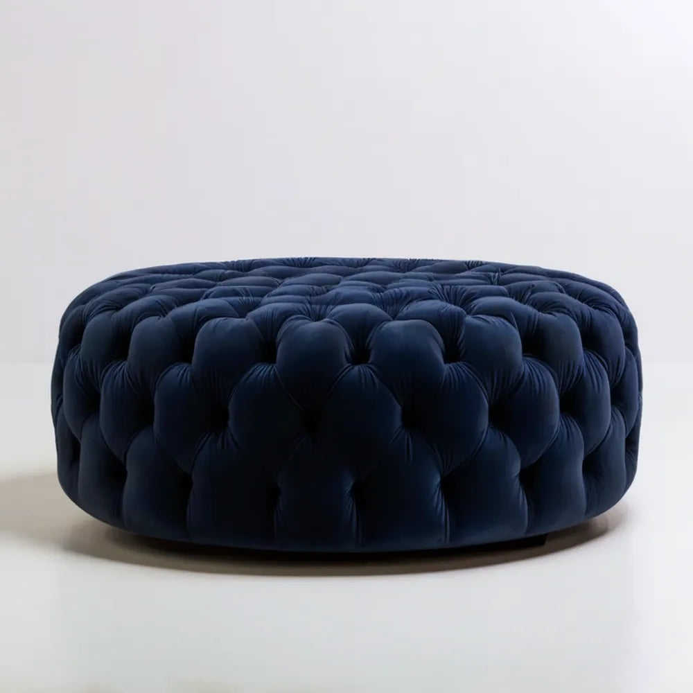 Okrągła pikowana pufa z aksamitu poliestrowego, granatowa, Ø 100 × 45 cm